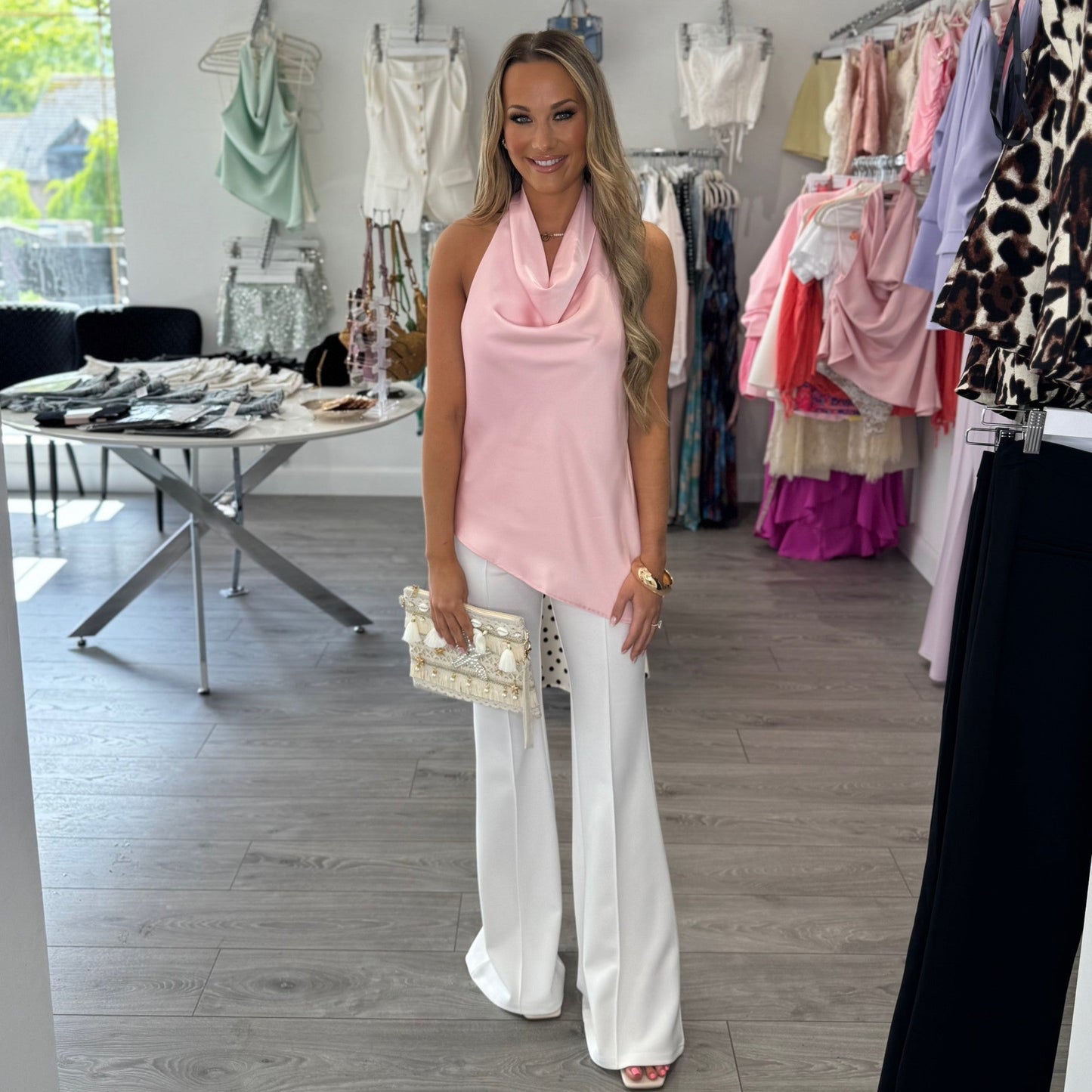 Pink Cowl Neck Satin Top