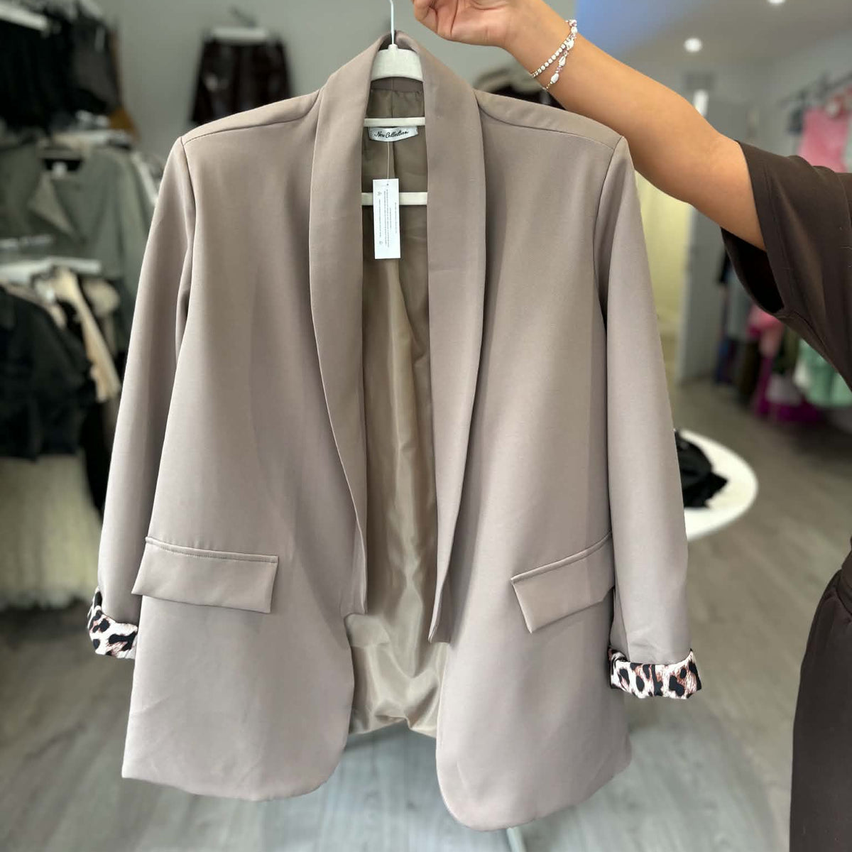 Taupe Blazer With Leopard Cuffs