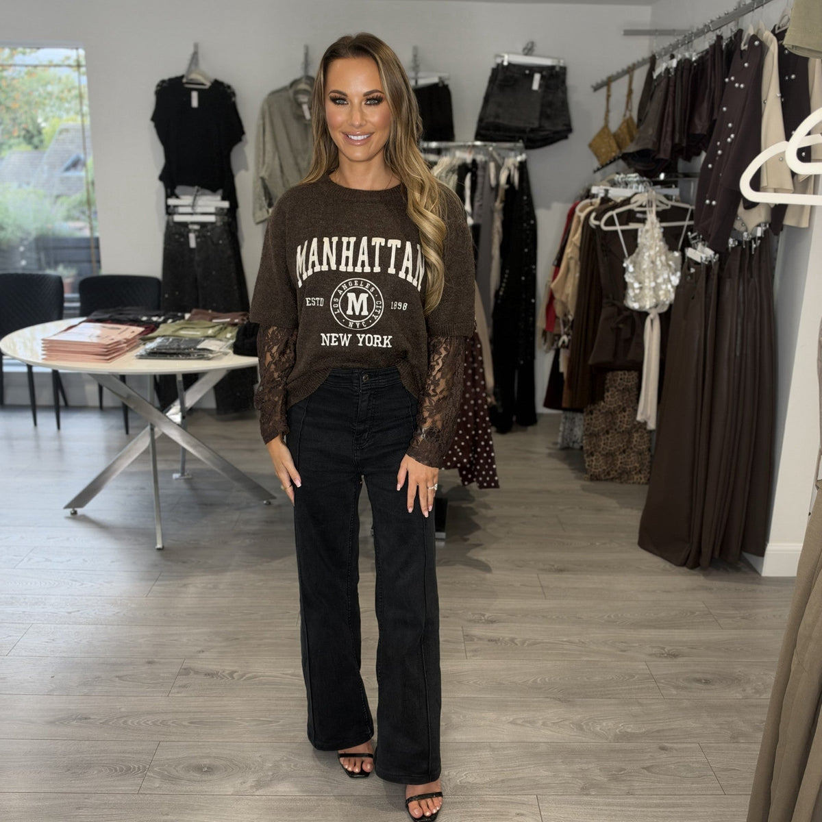 Lace Sleeve Jumper - Brown