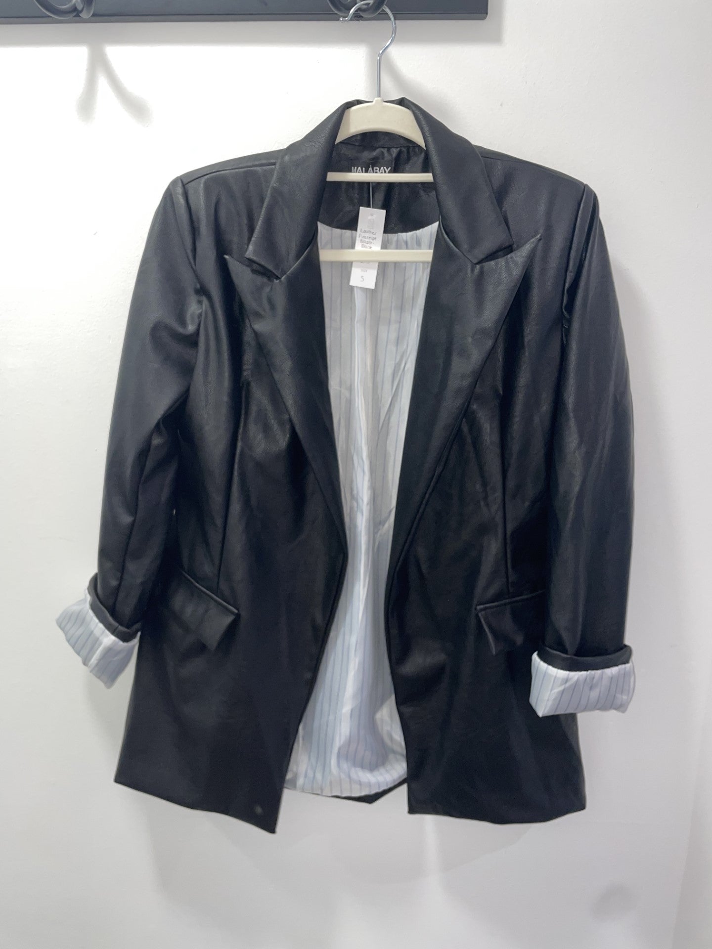 Leather Pinstripe Blazer - Black