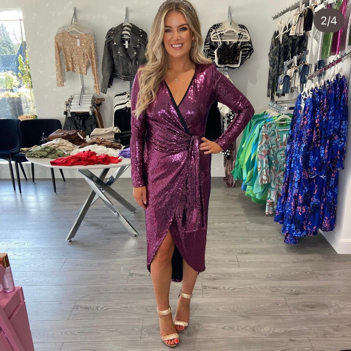 Sequin Wrap Midi Dress - Burgundy