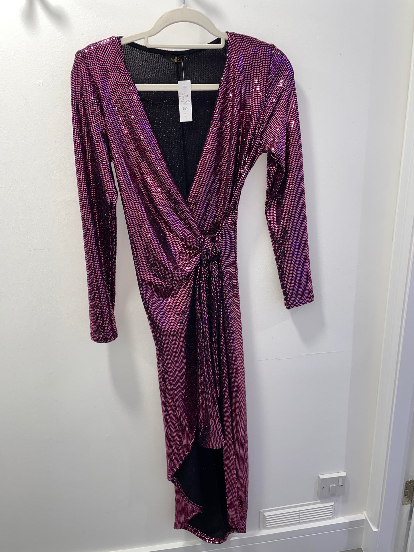 Sequin Wrap Midi Dress - Burgundy