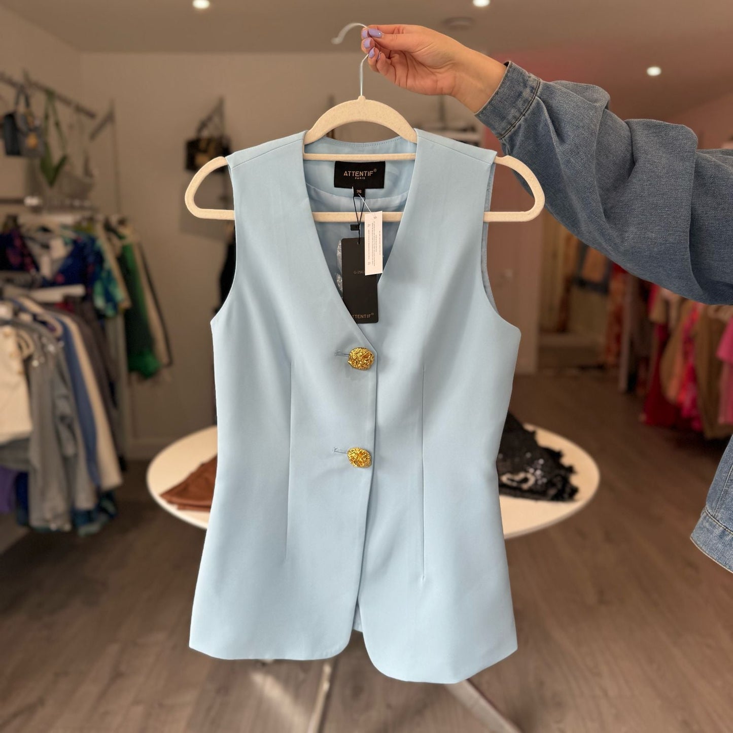 Gold Button Waistcoat - Sky Blue