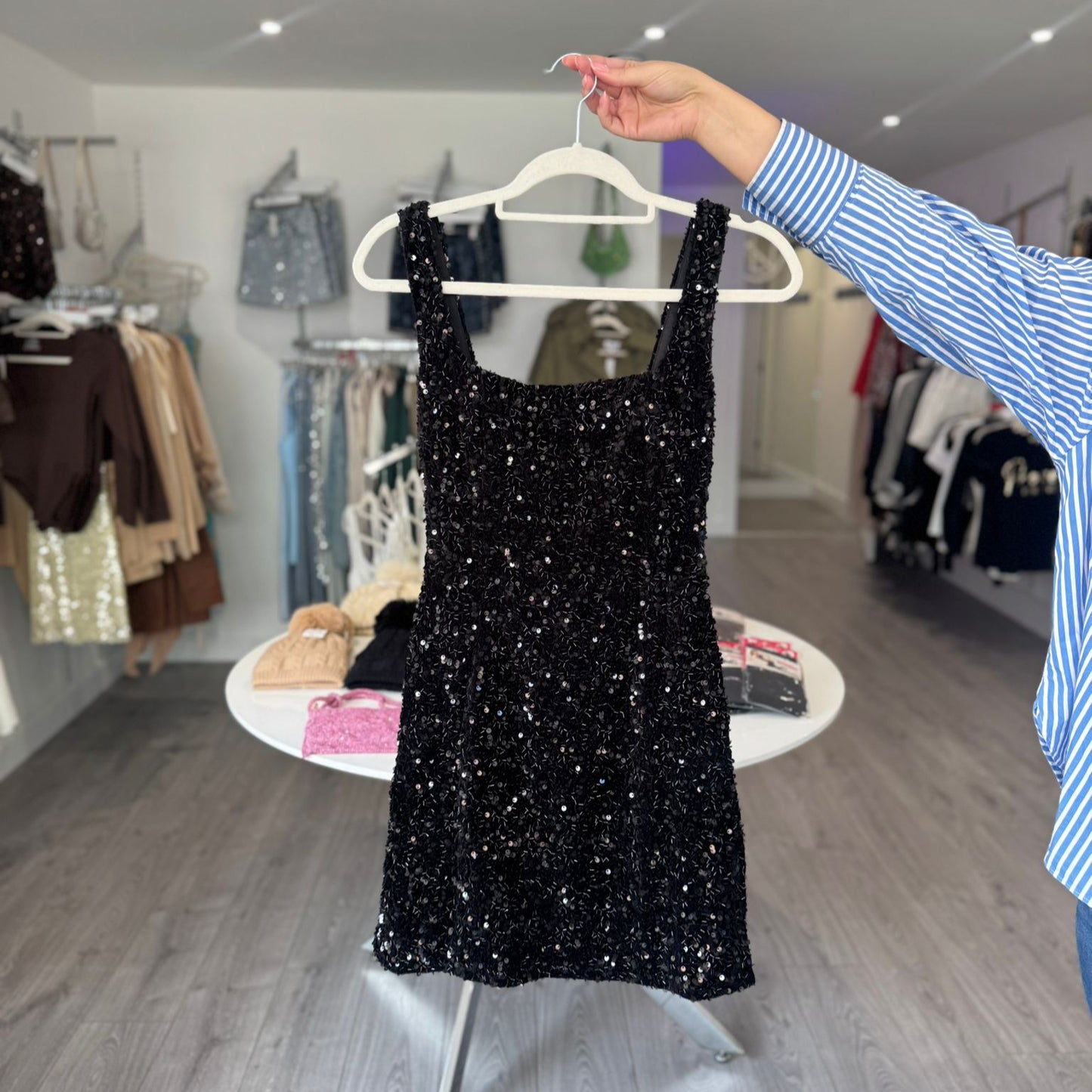 Sequin Lace Back Mini Dress - Black