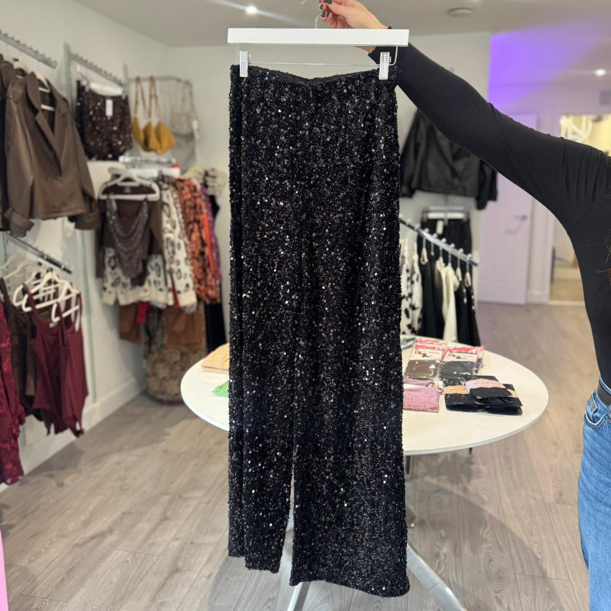 Sequin High Waisted Trouser - Black
