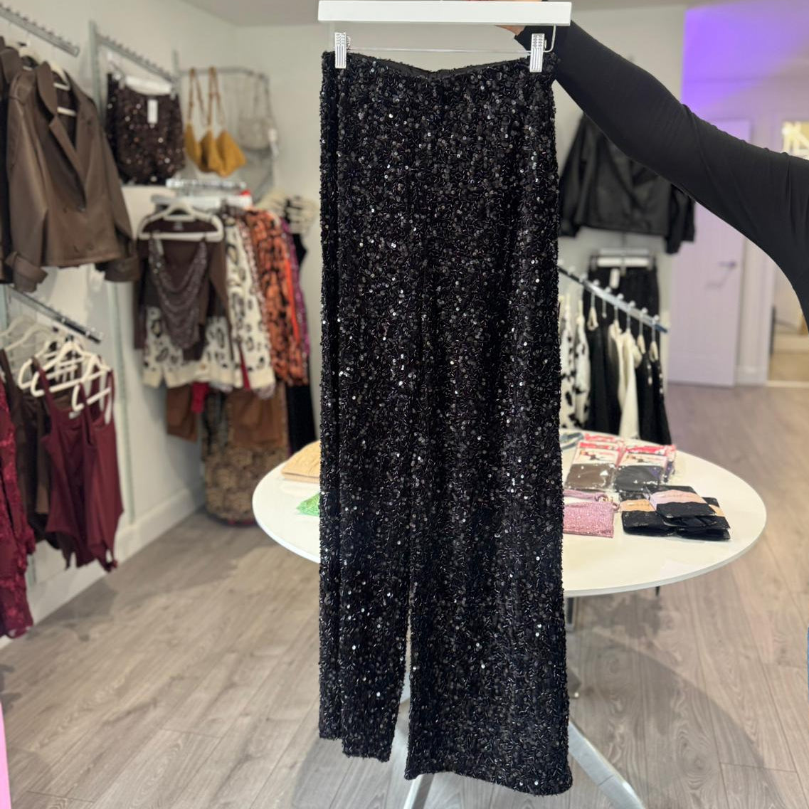Sequin High Waist Trousers - Black