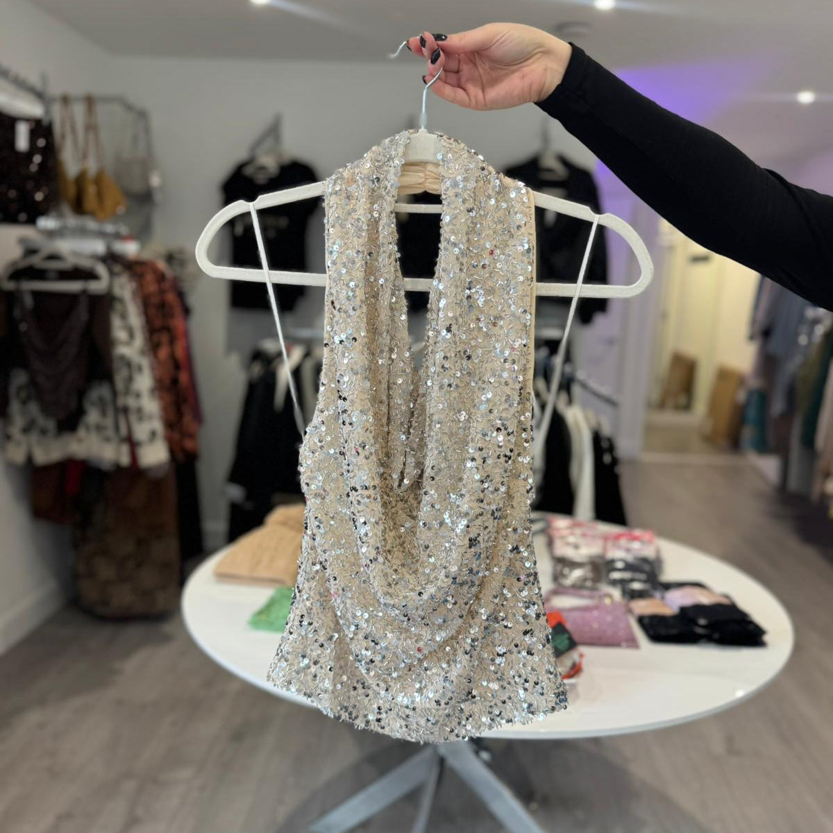 Cowl Neck Sequin Top - Beige