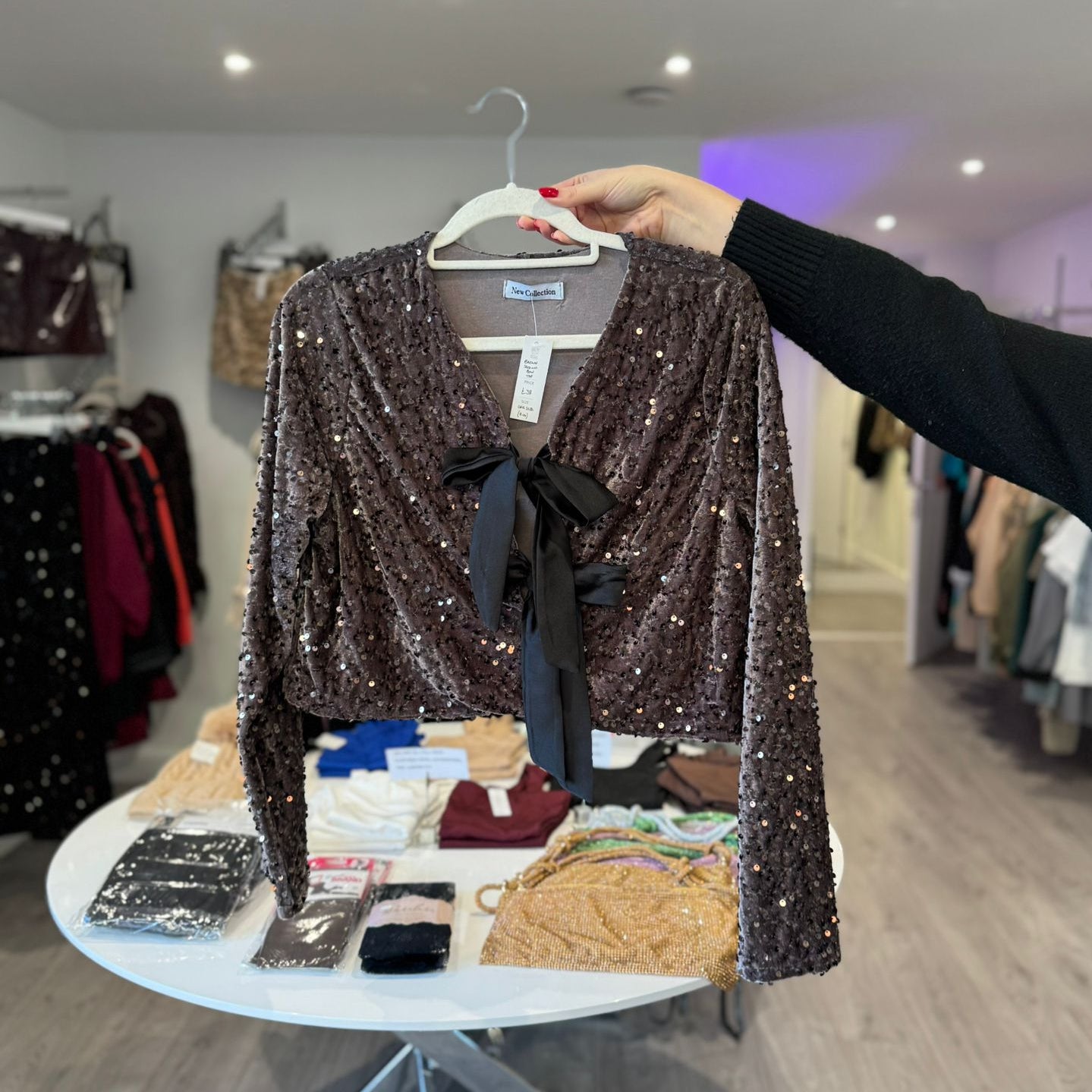 Brown Sequin Bow Top