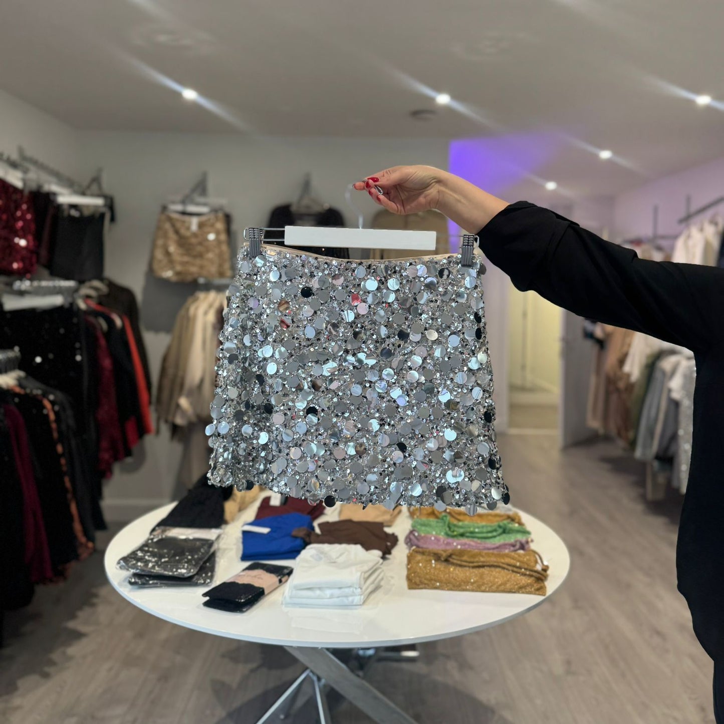 Disc Sequin Skirt -Silver