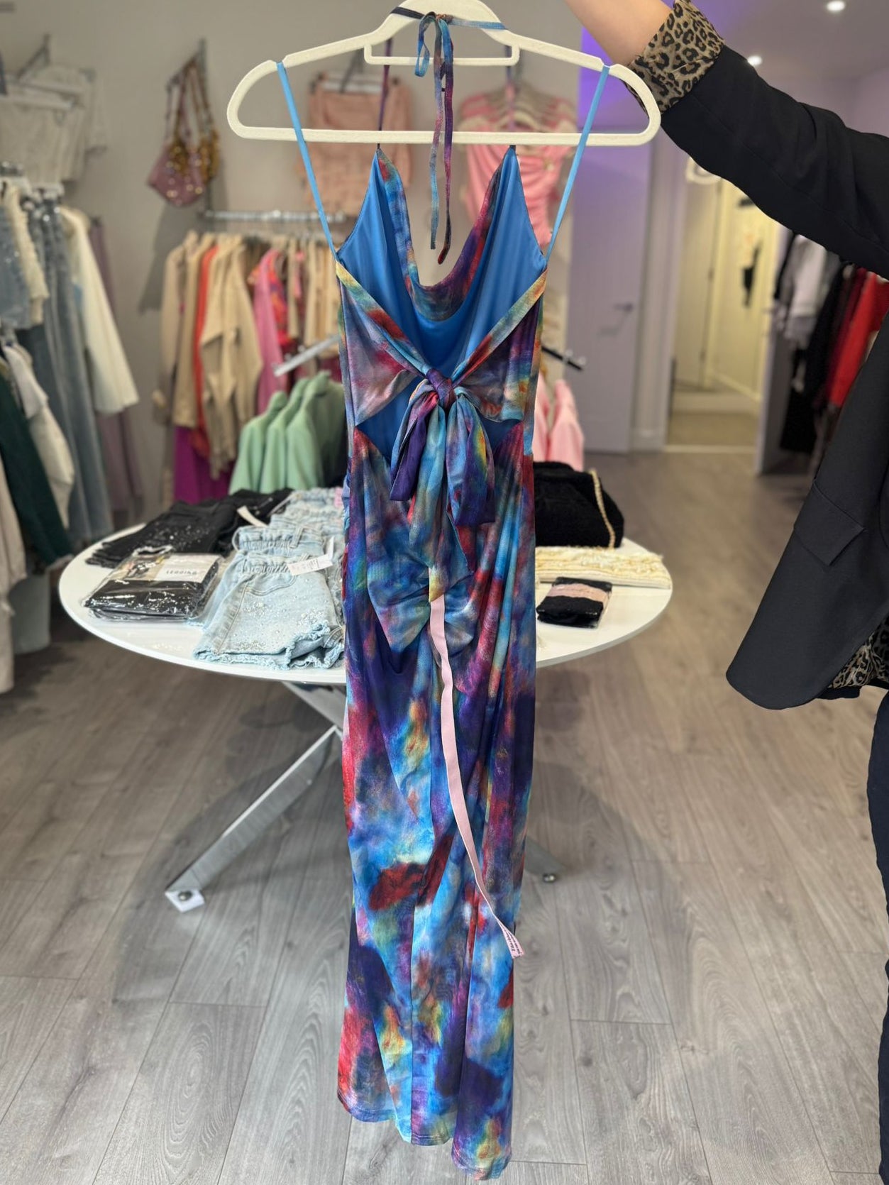 Blue Smudge Print Cowl Neck Midi Dress