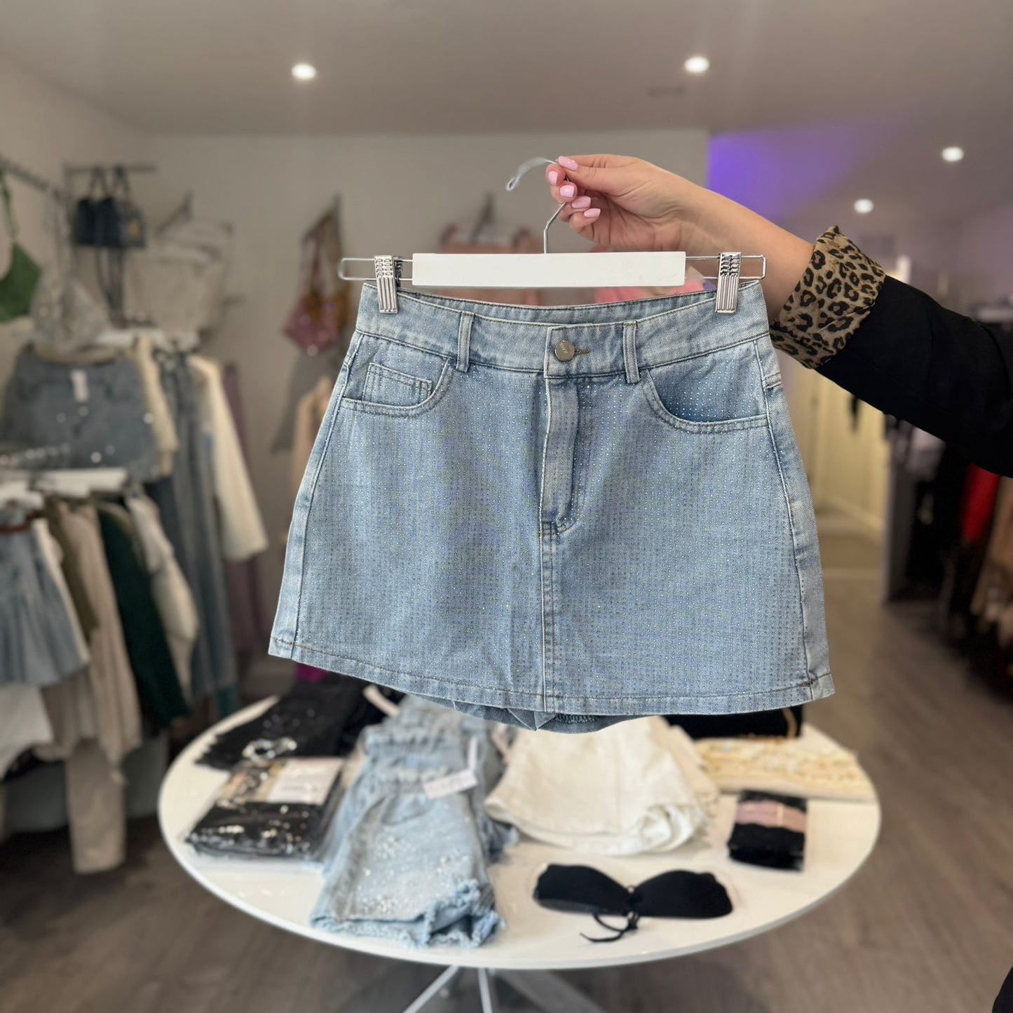 Embellished Denim Skort