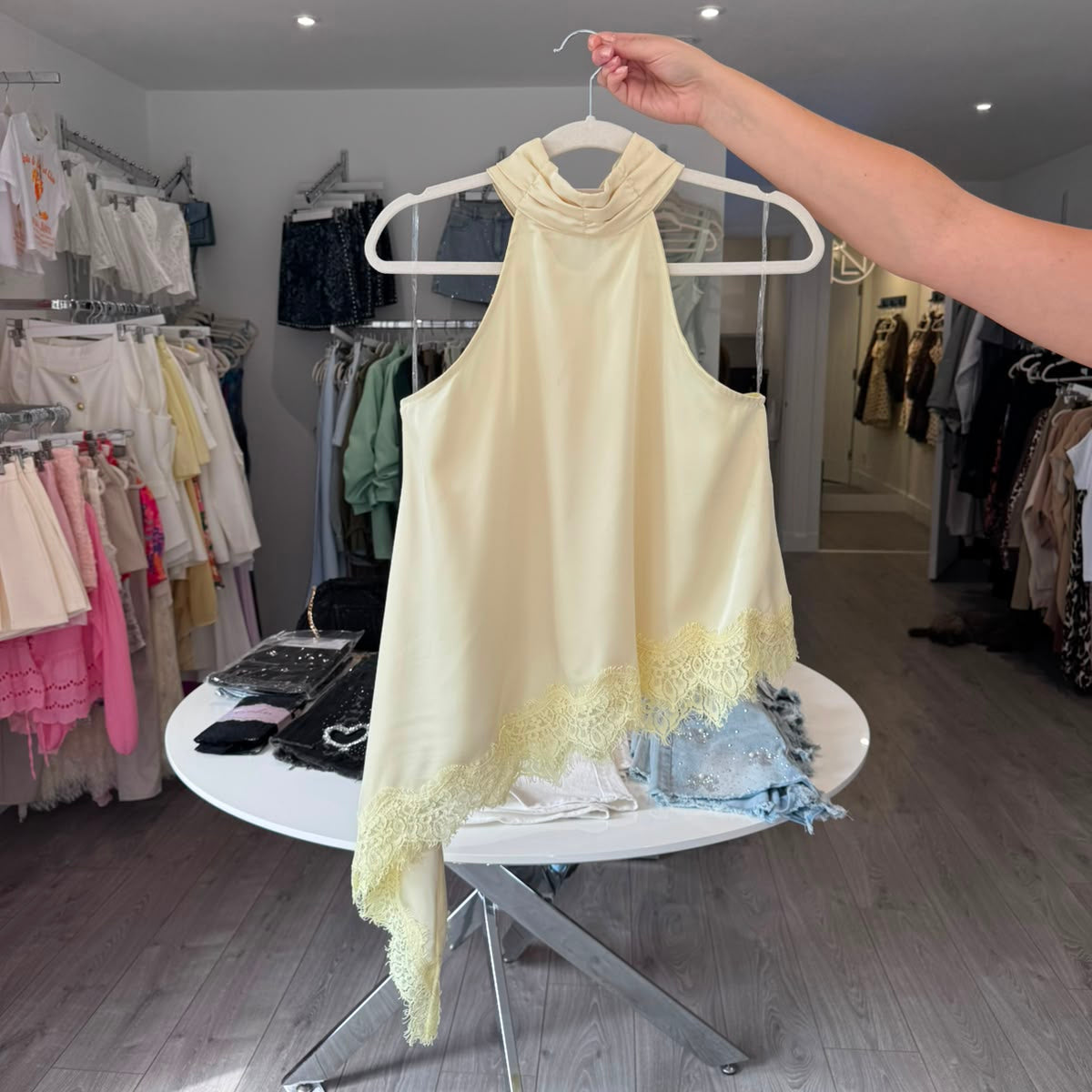 Satin Halter Lace Hem Top - Lemon