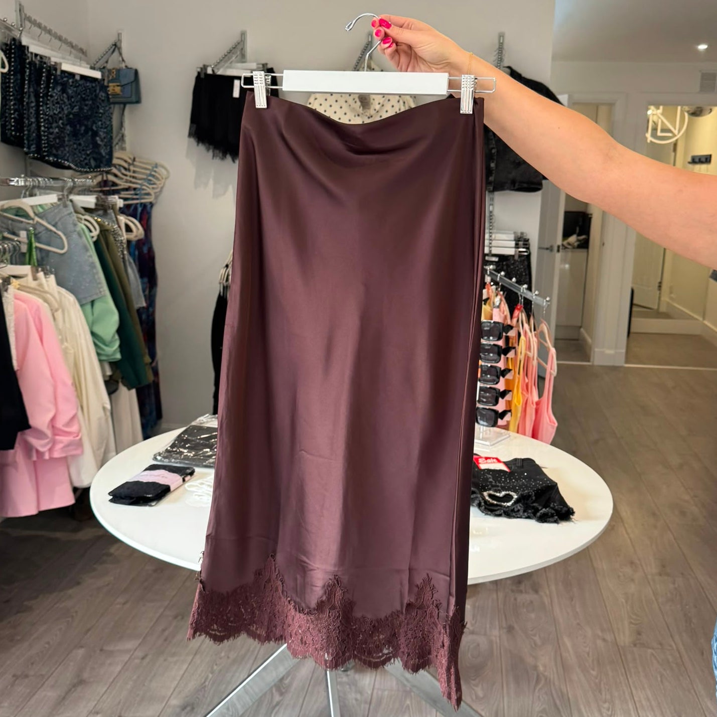 Satin Lace Hem Midi Skirt- Brown