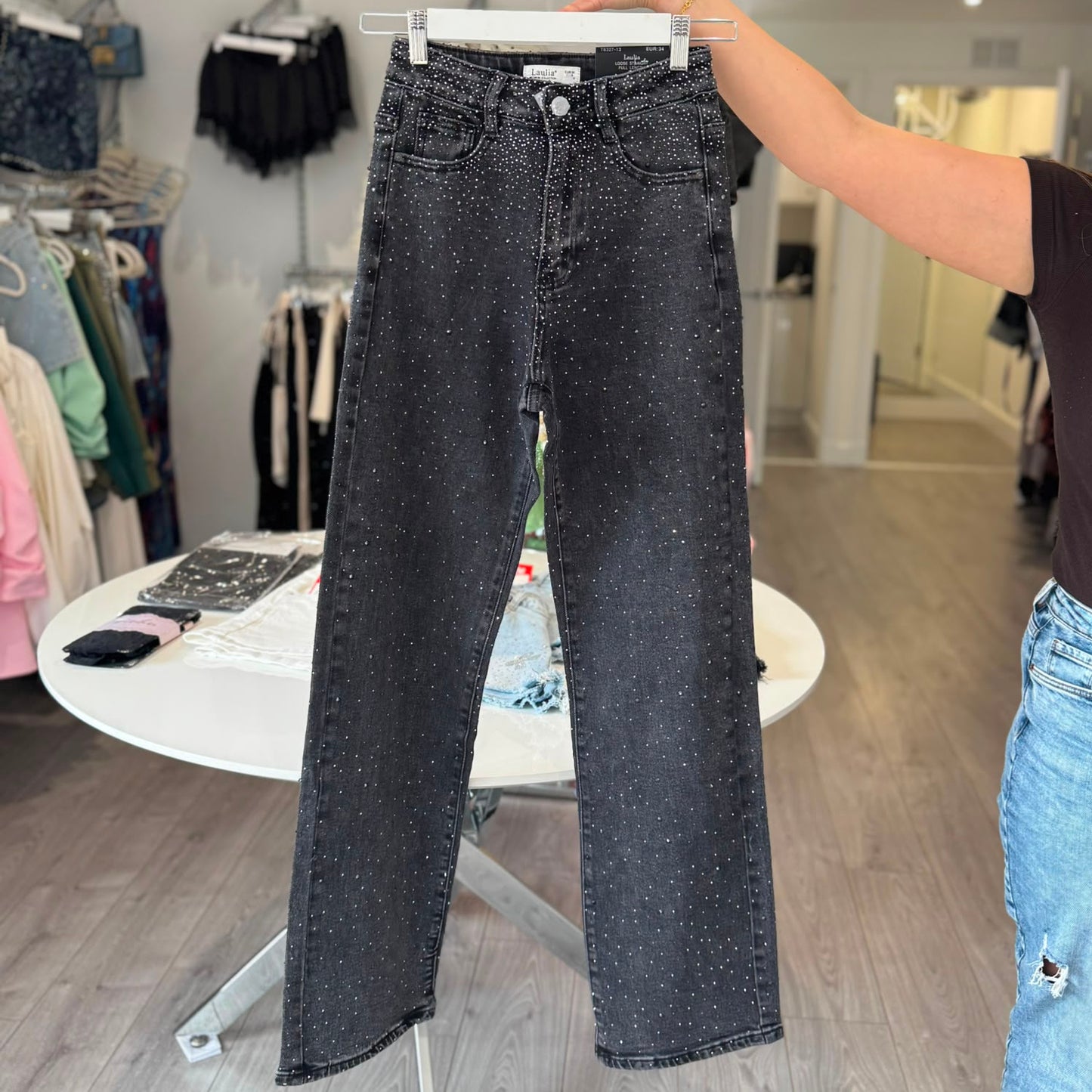 Embellished Straight Fit Jeans- Black