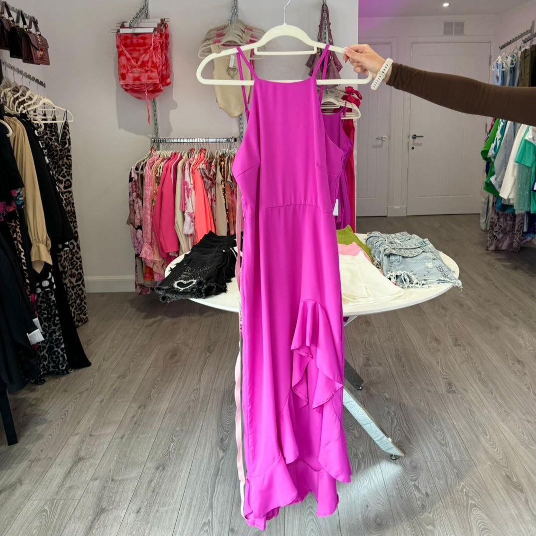 Pink High Neck Frill Midi Dress