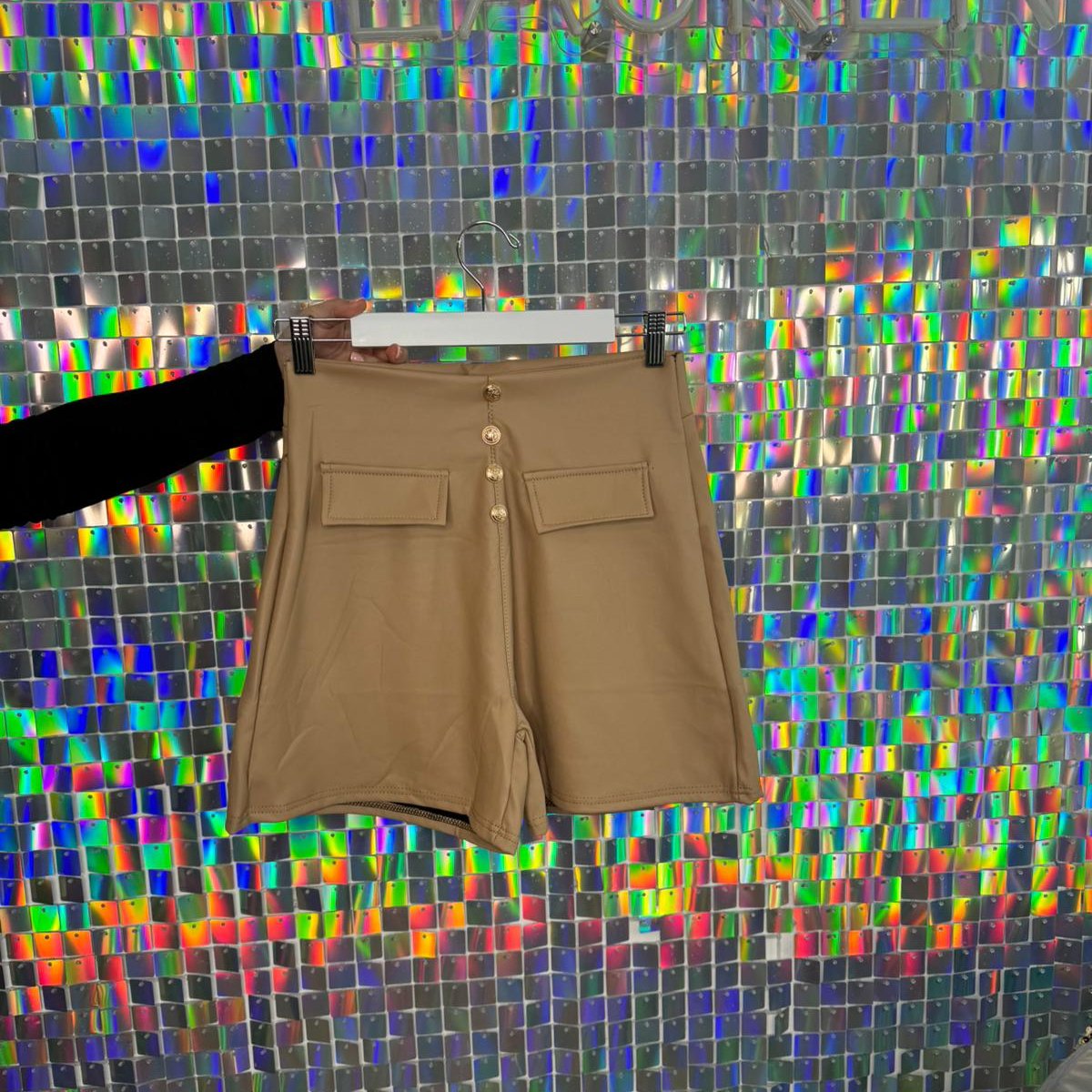 Button Leather Shorts - Beige