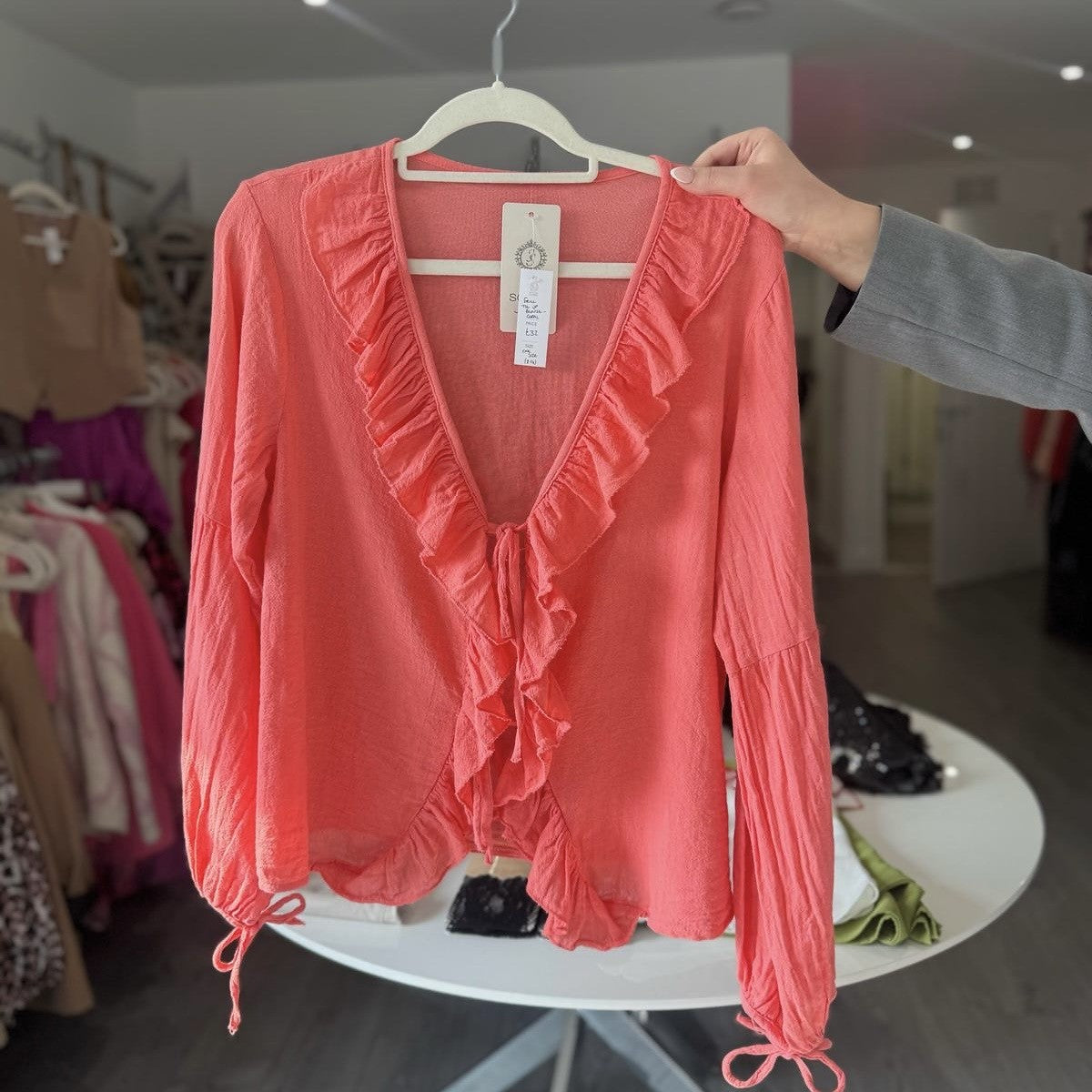 Frill Tie Up Blouse - Coral