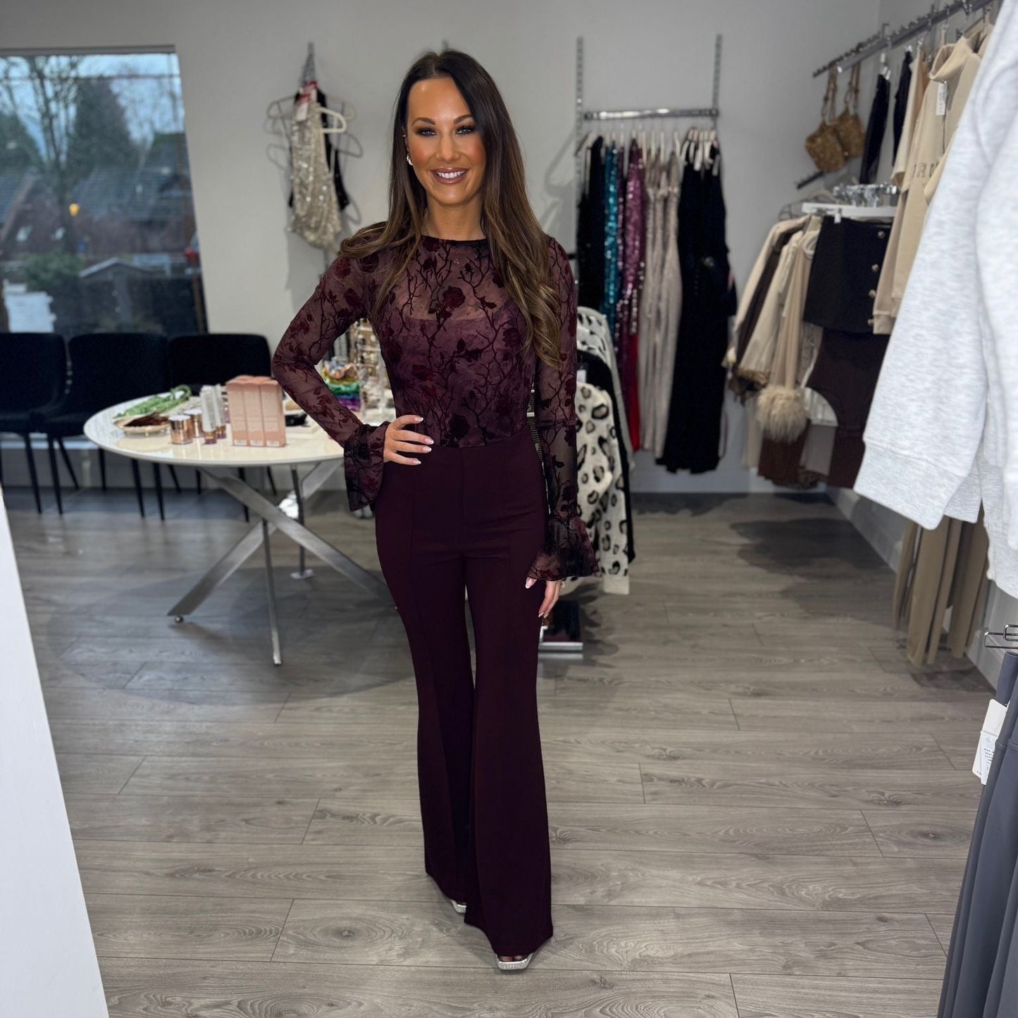 Floral Flare Cuff Bodysuit - Burgundy