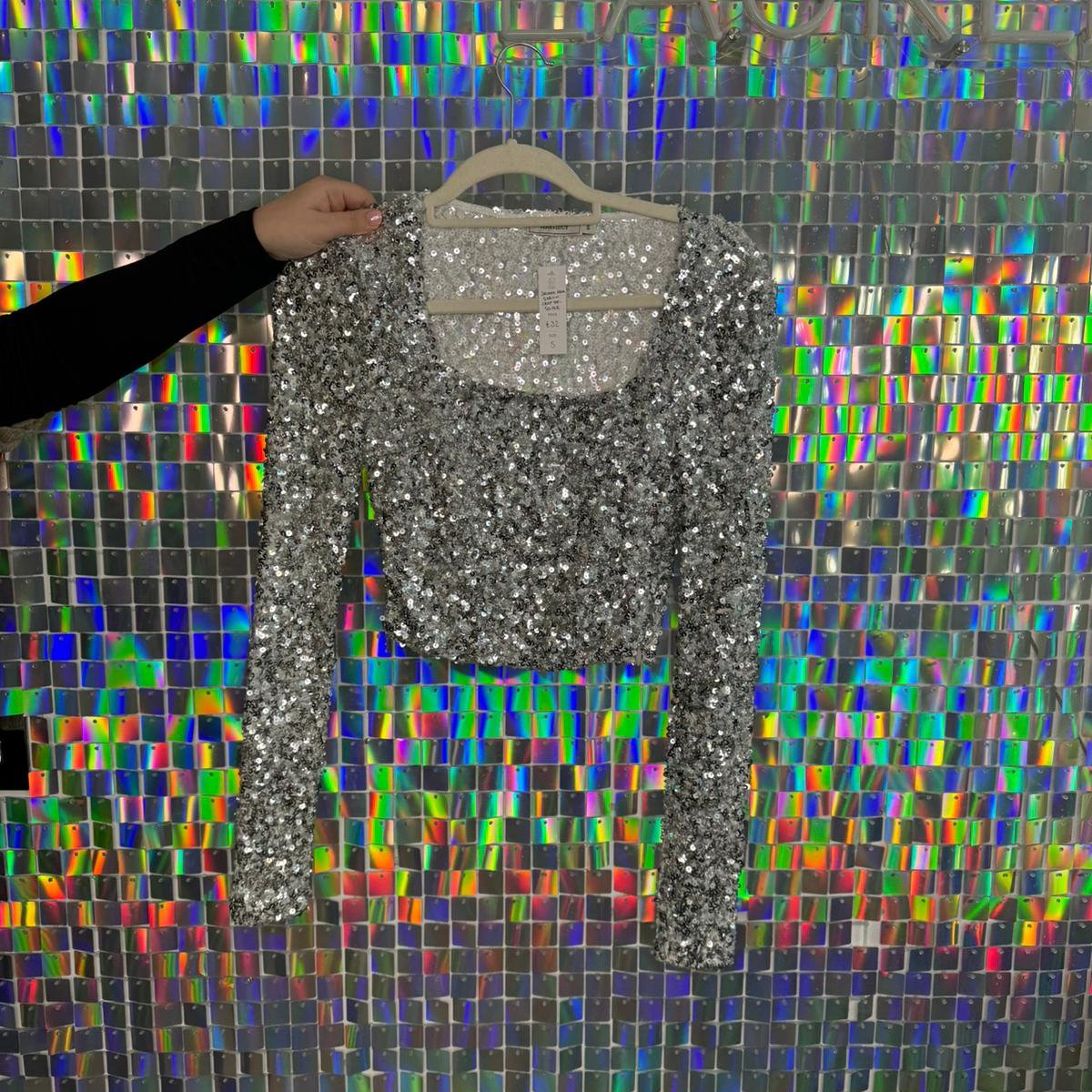 Square Neck Sequin Crop Top - Silver