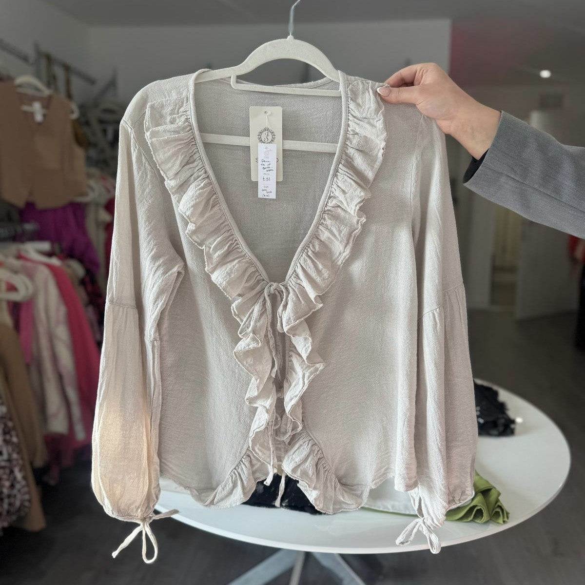 Frill Tie Up Blouse - Stone