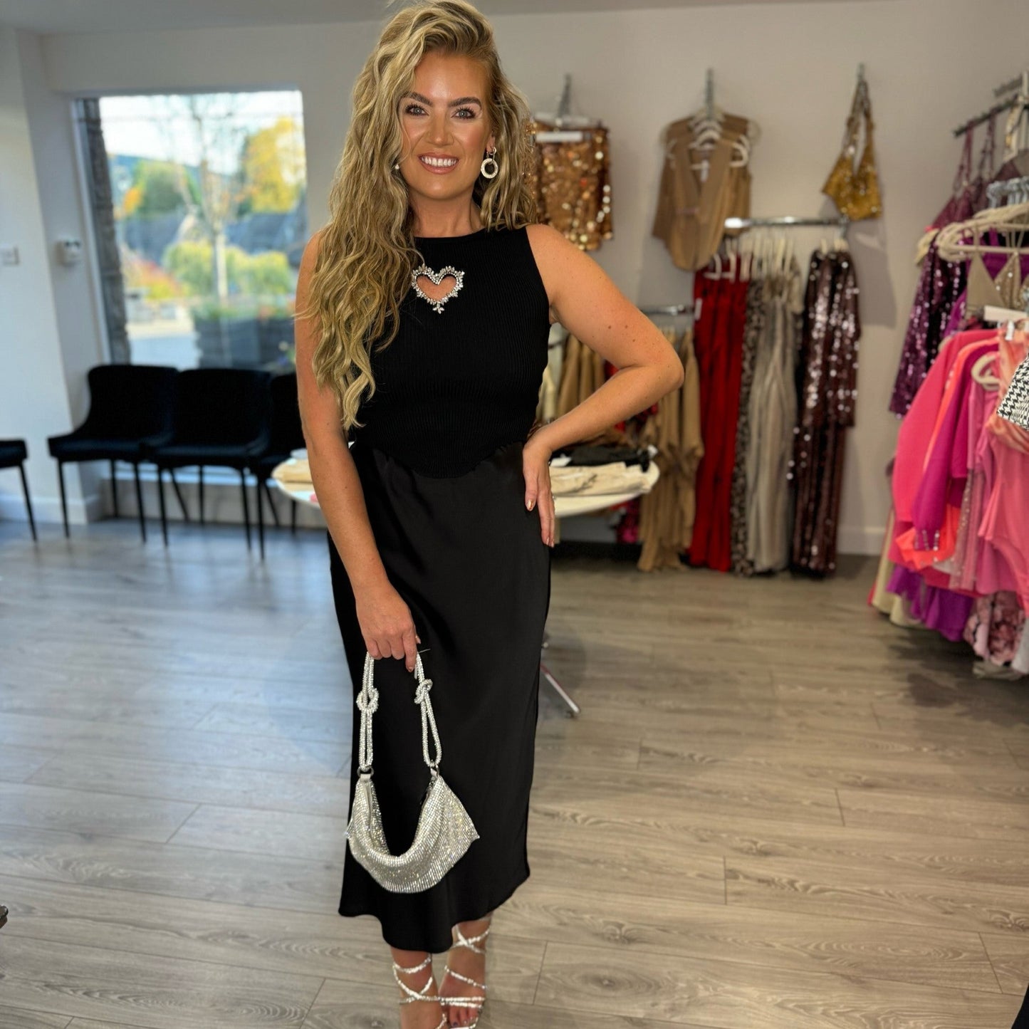 Satin Midi Skirt - Black
