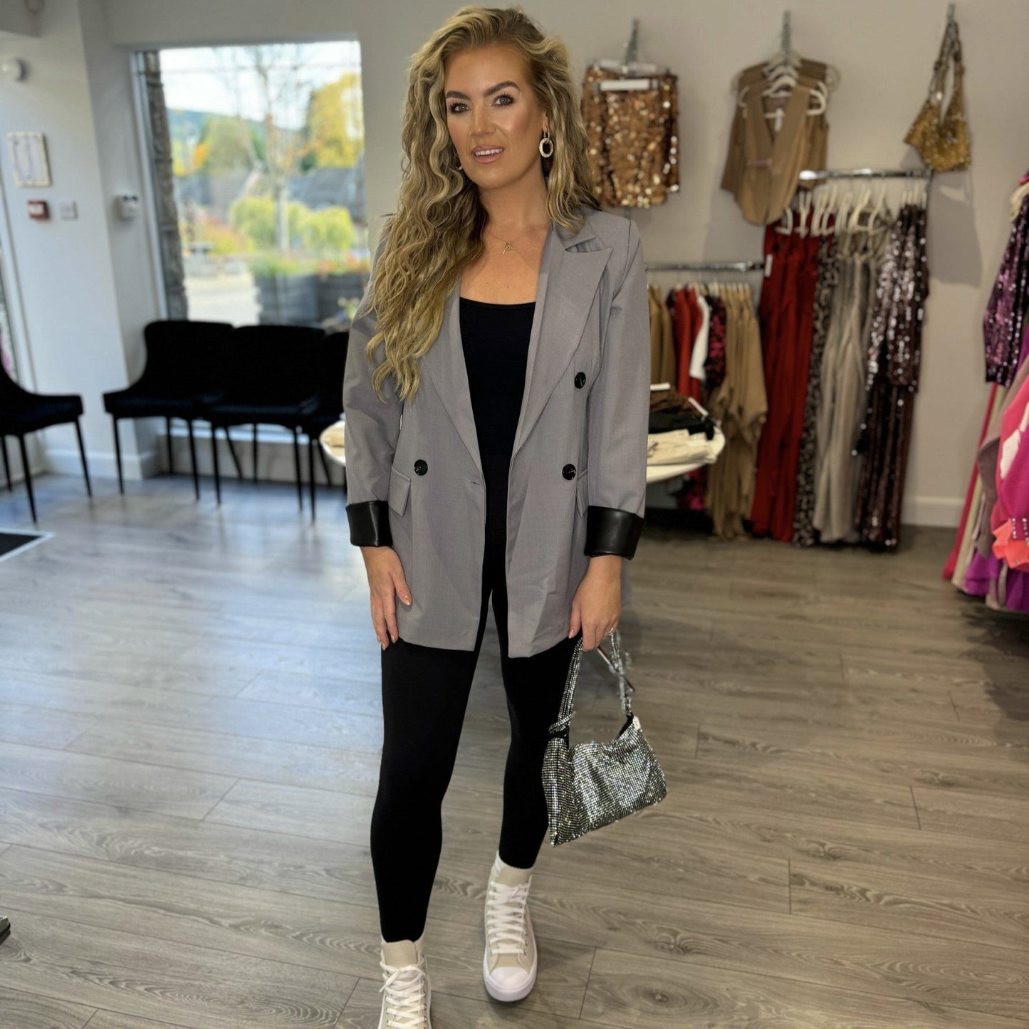 Oversized Leather Cuff Blazer - Grey