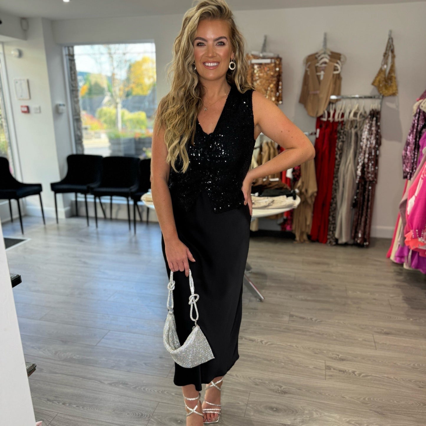 Satin Midi Skirt - Black
