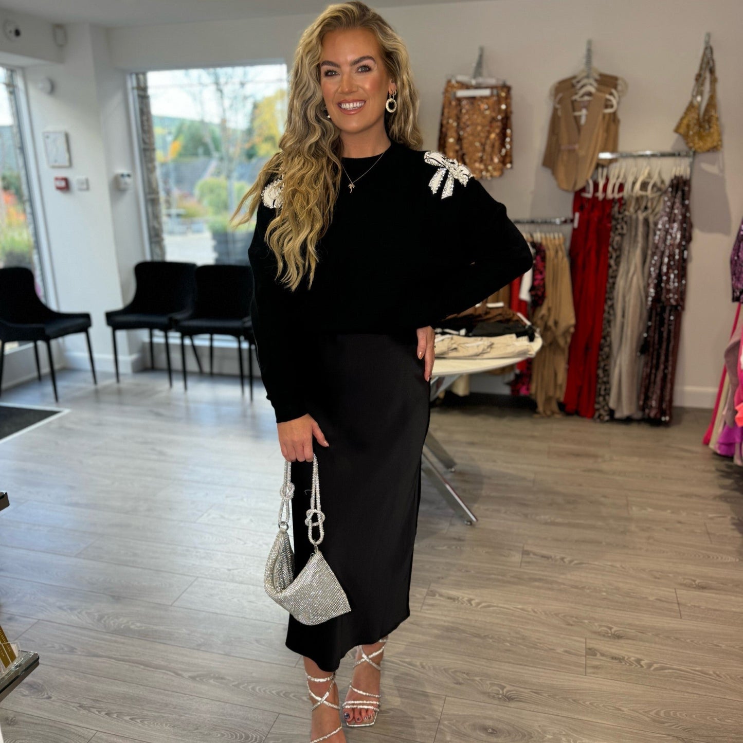 Satin Midi Skirt - Black