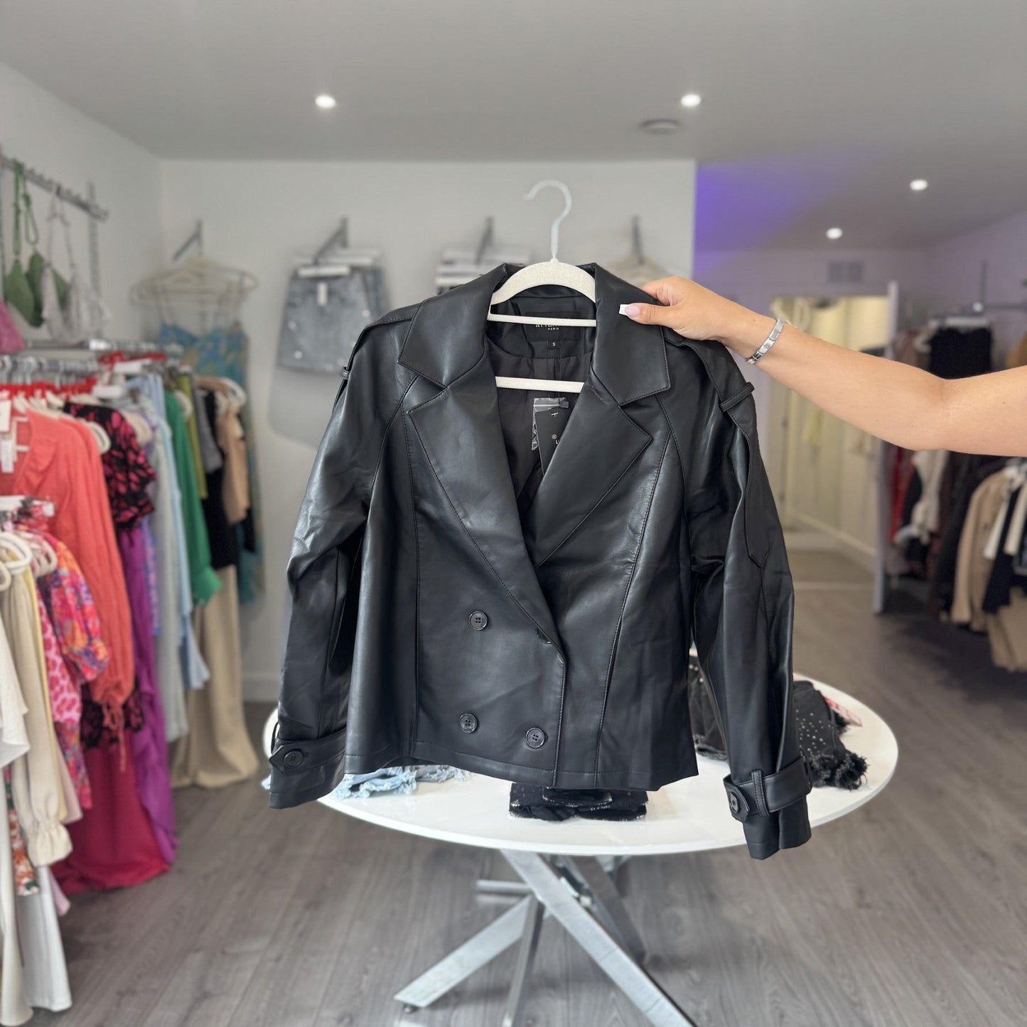 Double Breasted Leather Jacket - Black