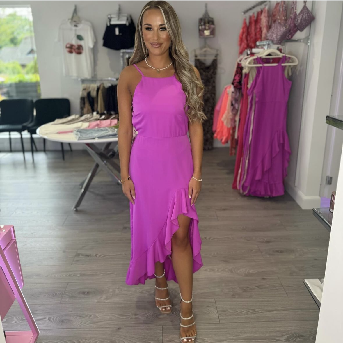 Pink High Neck Frill Midi Dress