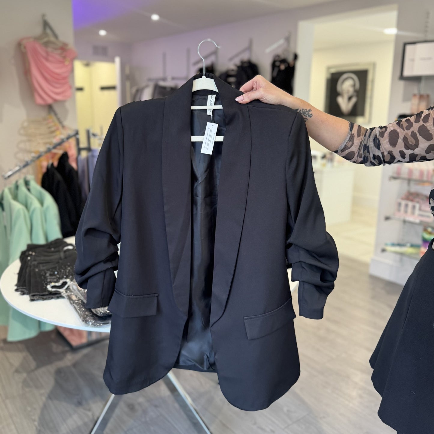 Ruched Sleeve Blazer - Black