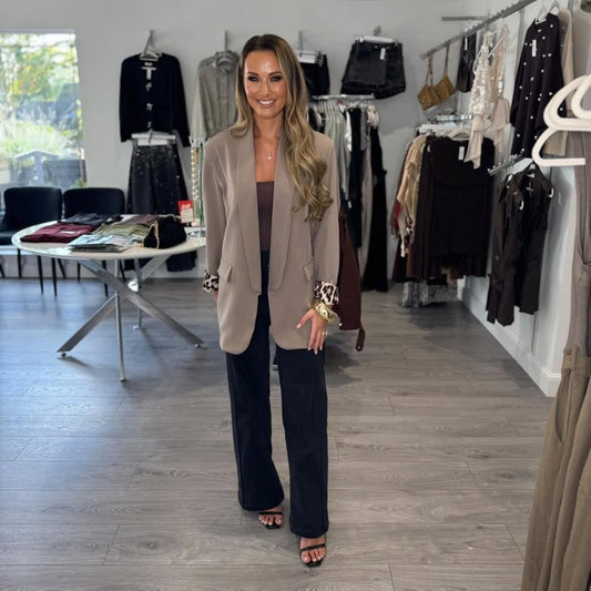Taupe Blazer With Leopard Cuffs
