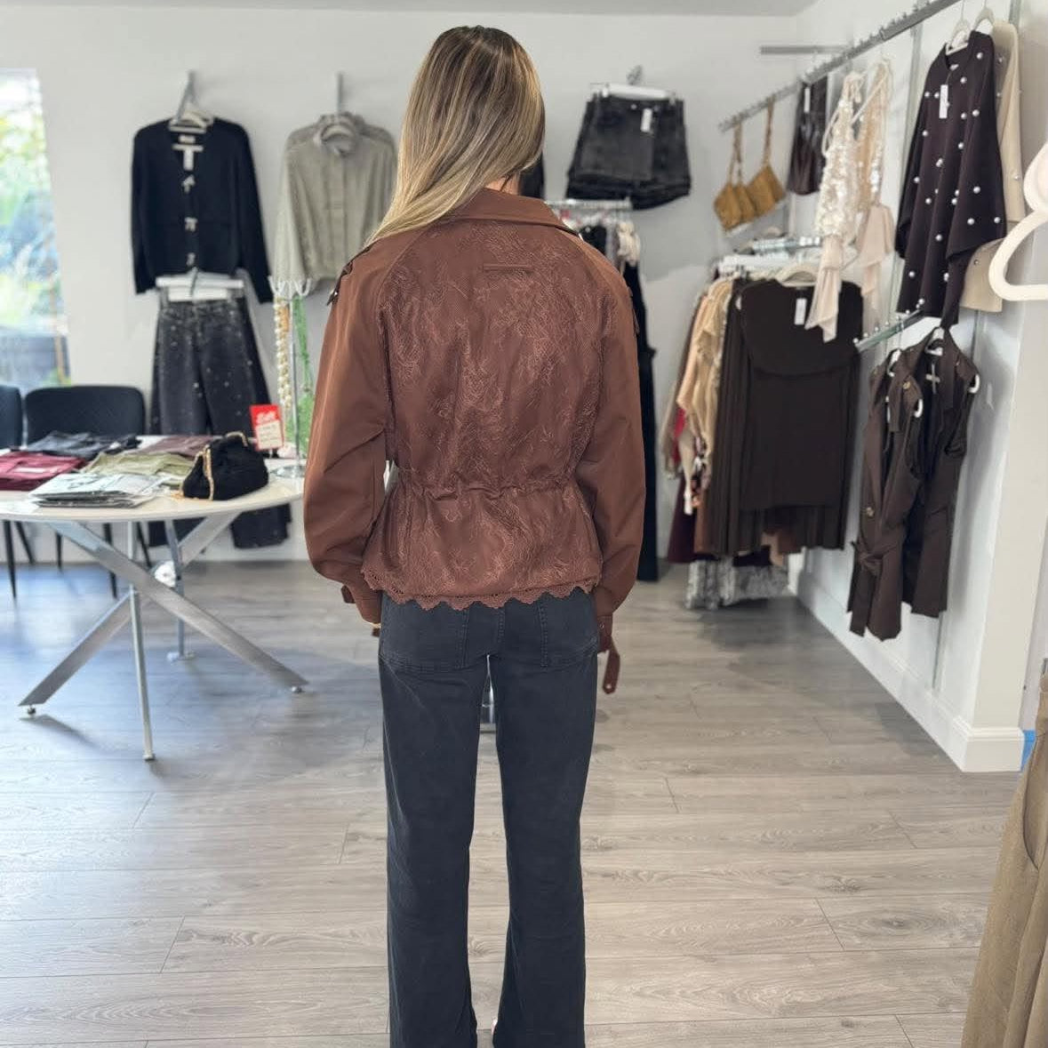 Lace Back Short Trench Coat - Brown