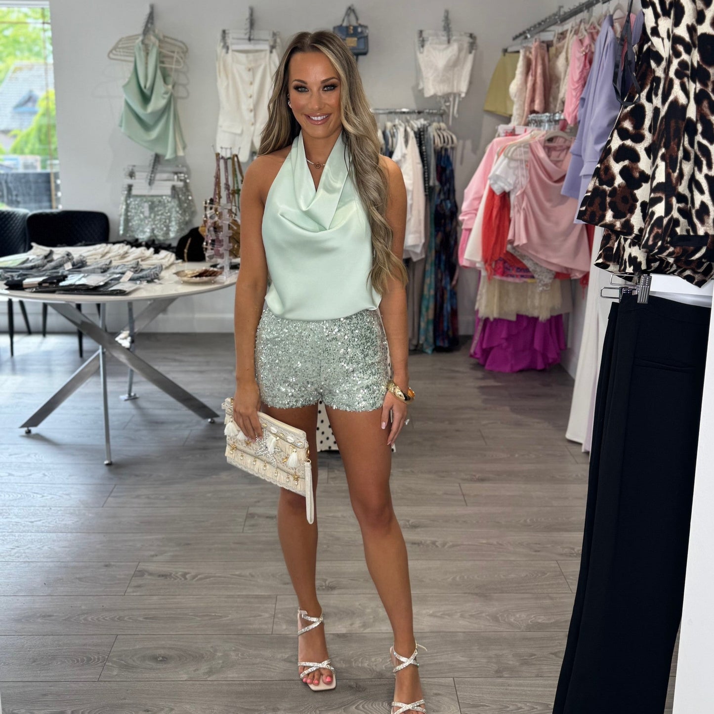 Mint Sequin Mini Shorts