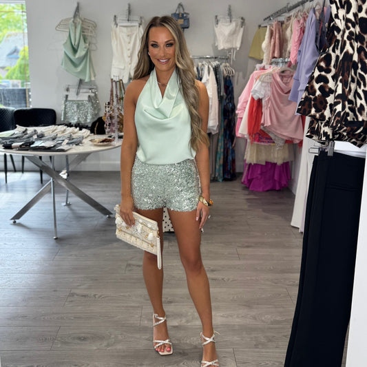 Mint Sequin Mini Shorts