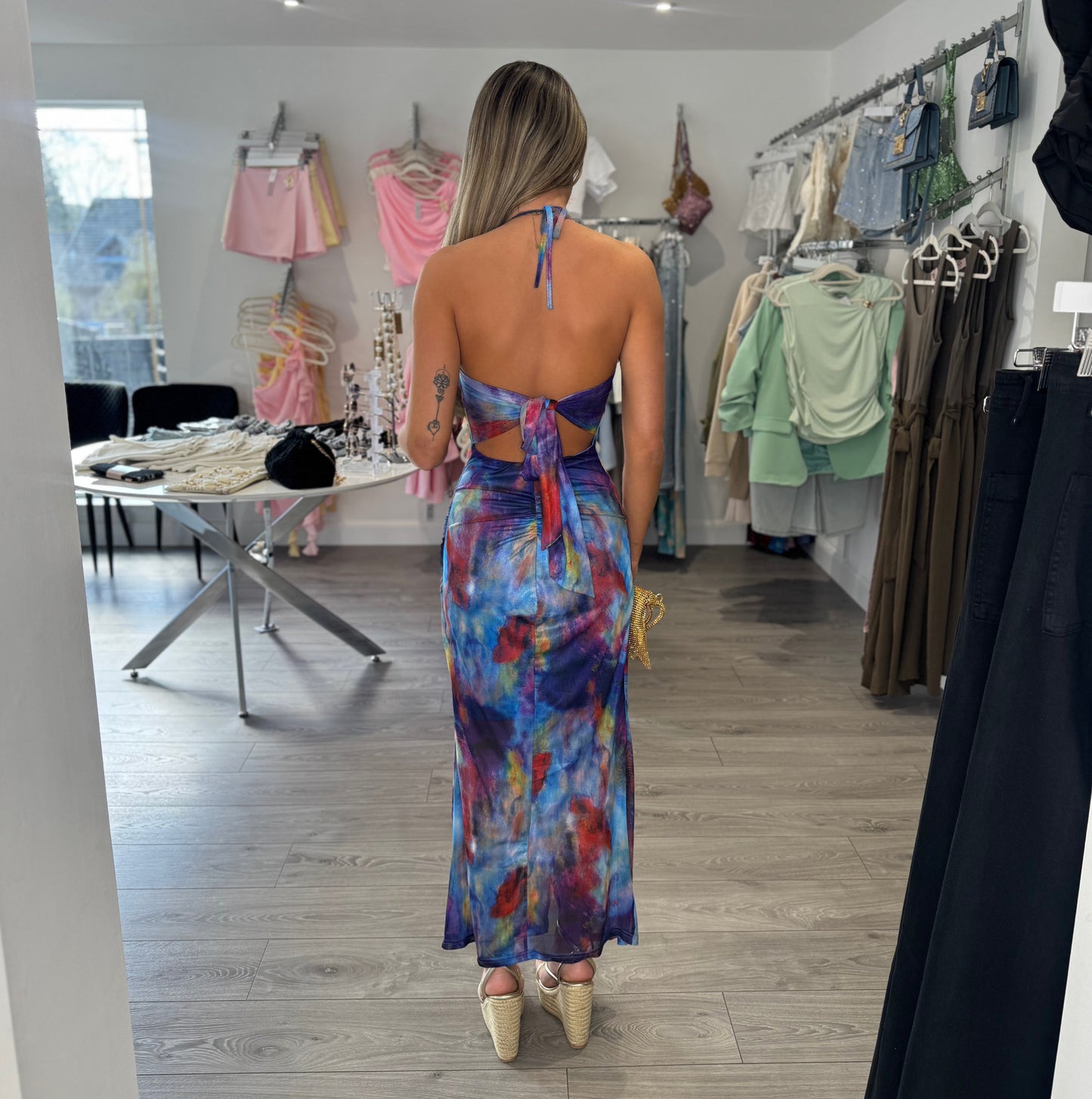 Blue Smudge Print Cowl Neck Midi Dress