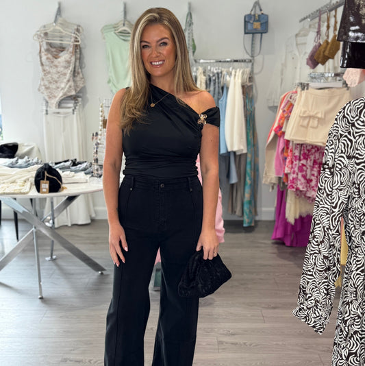 Asymmetric Flower Buckle Top - Black