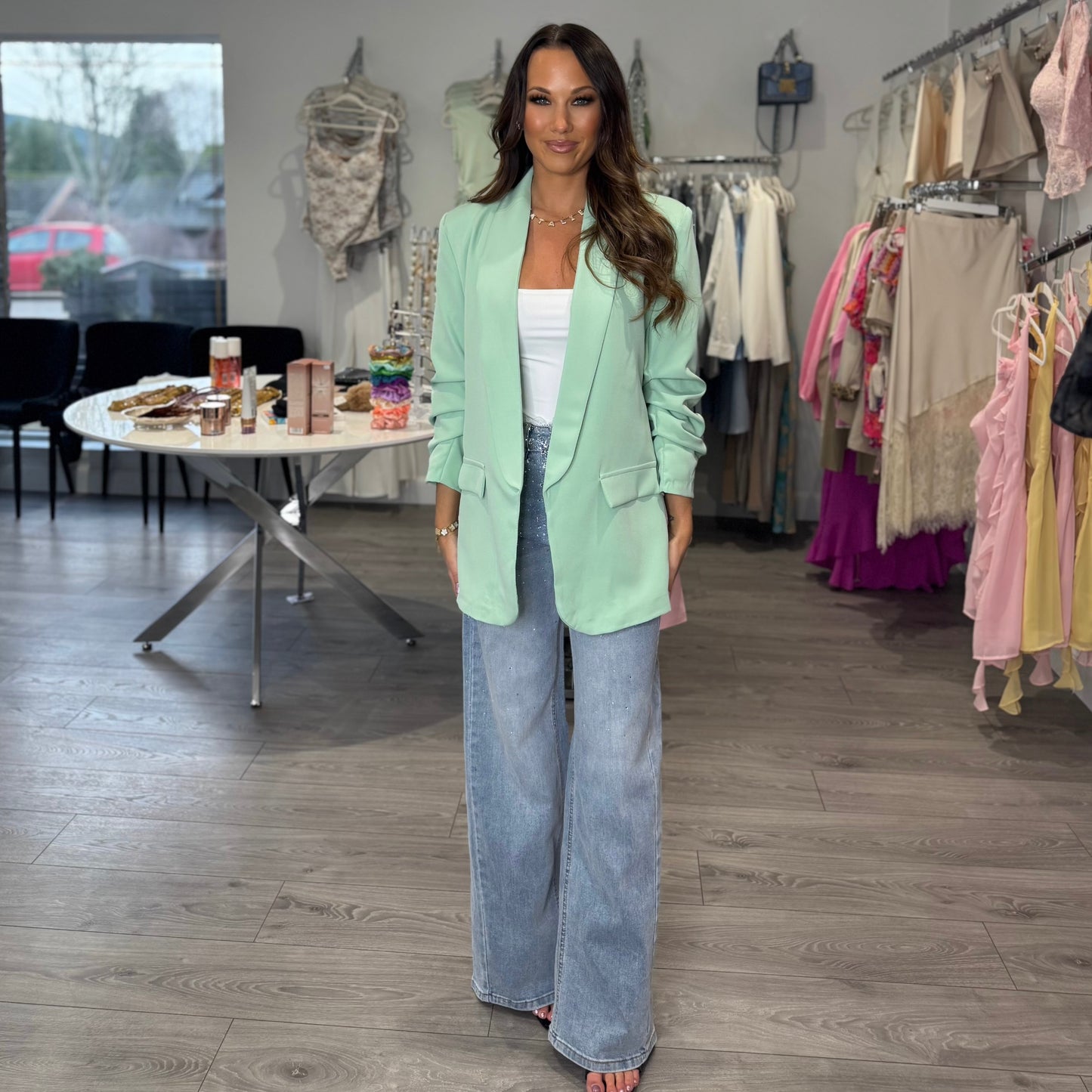 Ruched Sleeve Blazer - Green