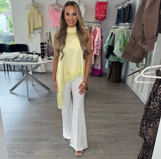 Satin Halter Lace Hem Top - Lemon