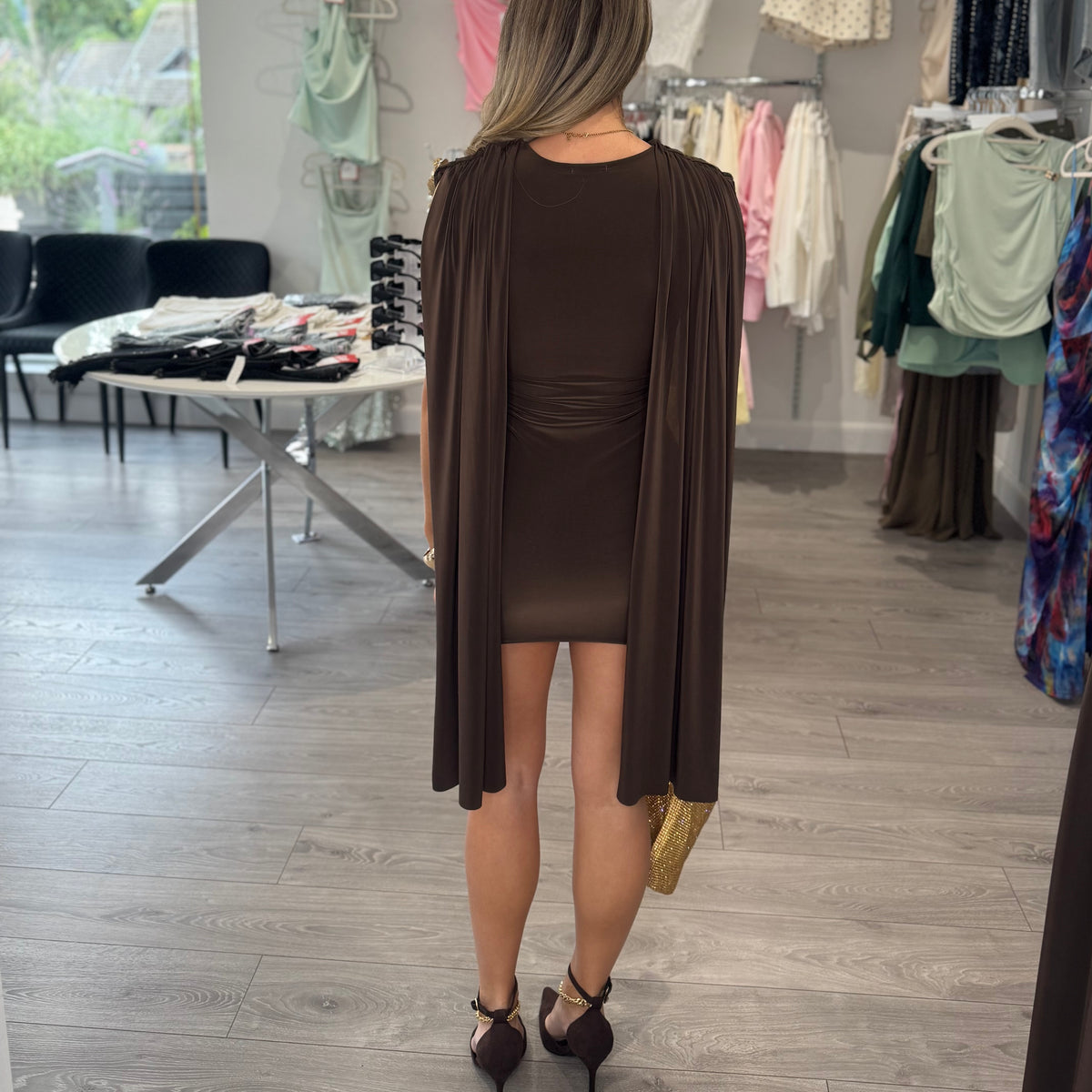 Cape Sleeve Dress - Brown