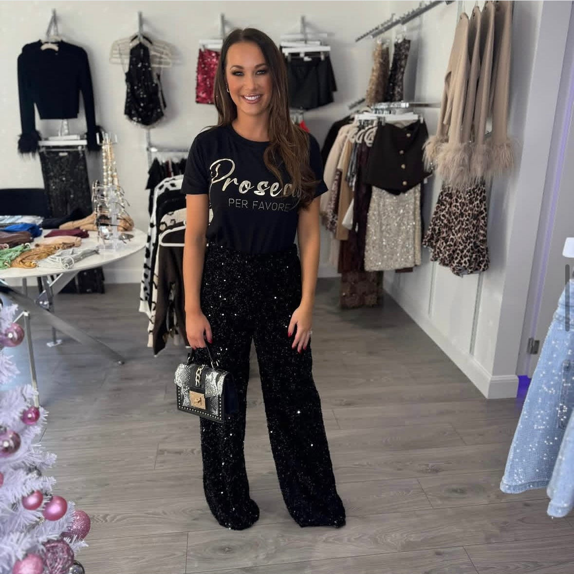 Sequin High Waist Trousers - Black