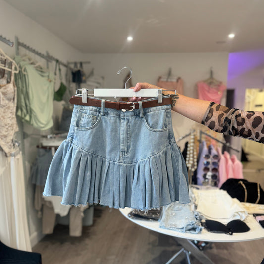 Pleated Denim Skirt With Belt
