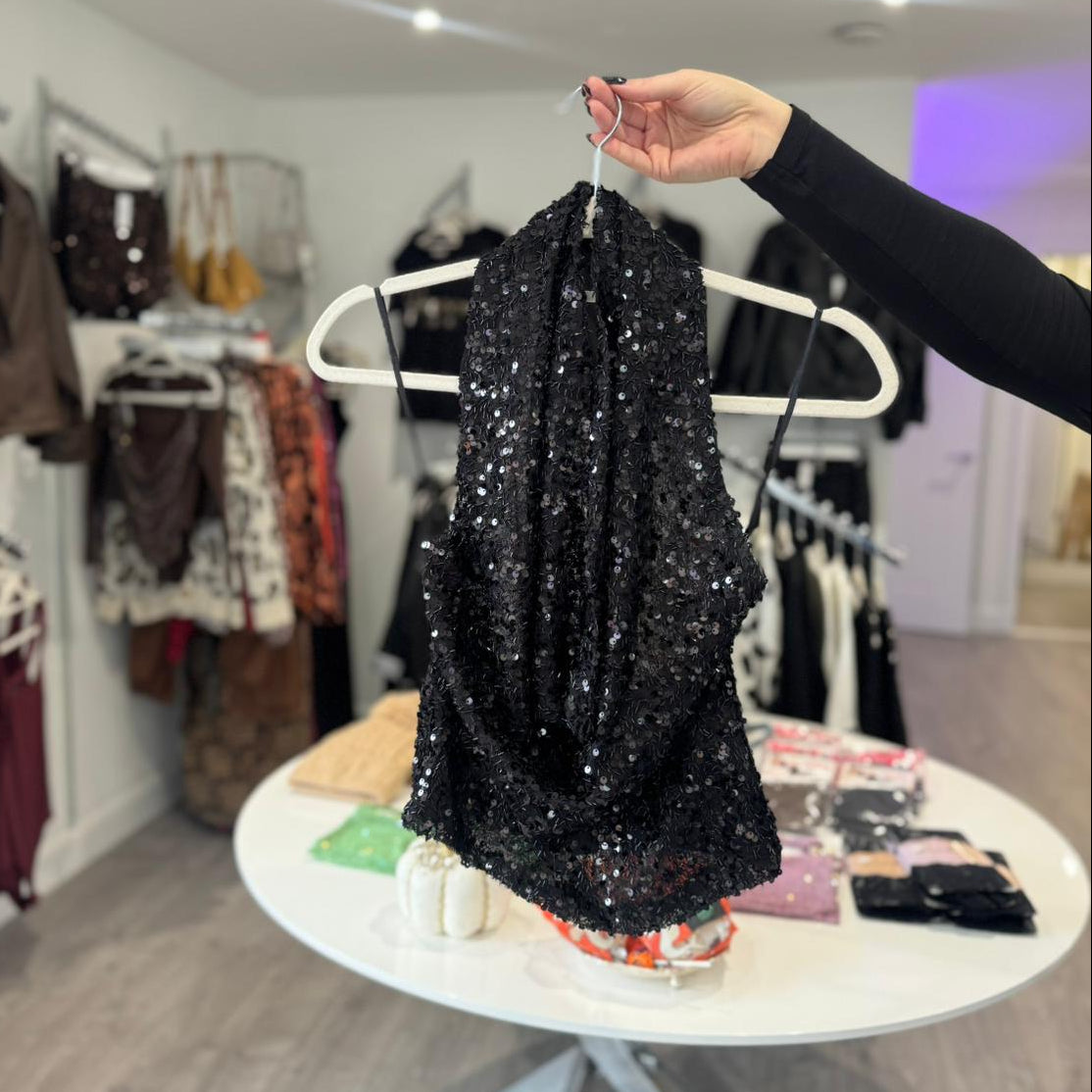 Cowl Neck Sequin Top - Black