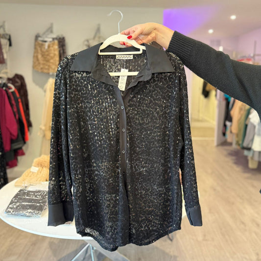 Black Leopard Sequin Blouse