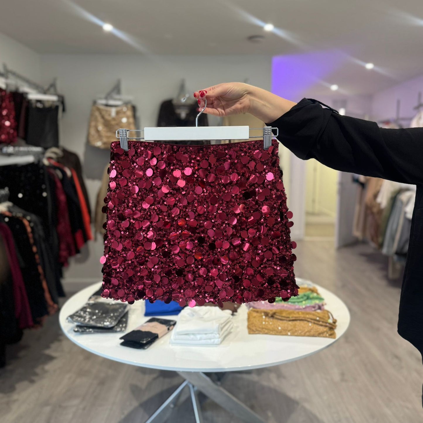 Disc Sequin Skirt - Burgundy