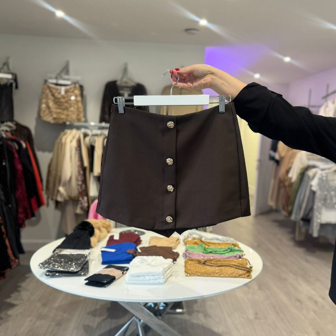 Tailored Button Front Skort - Brown