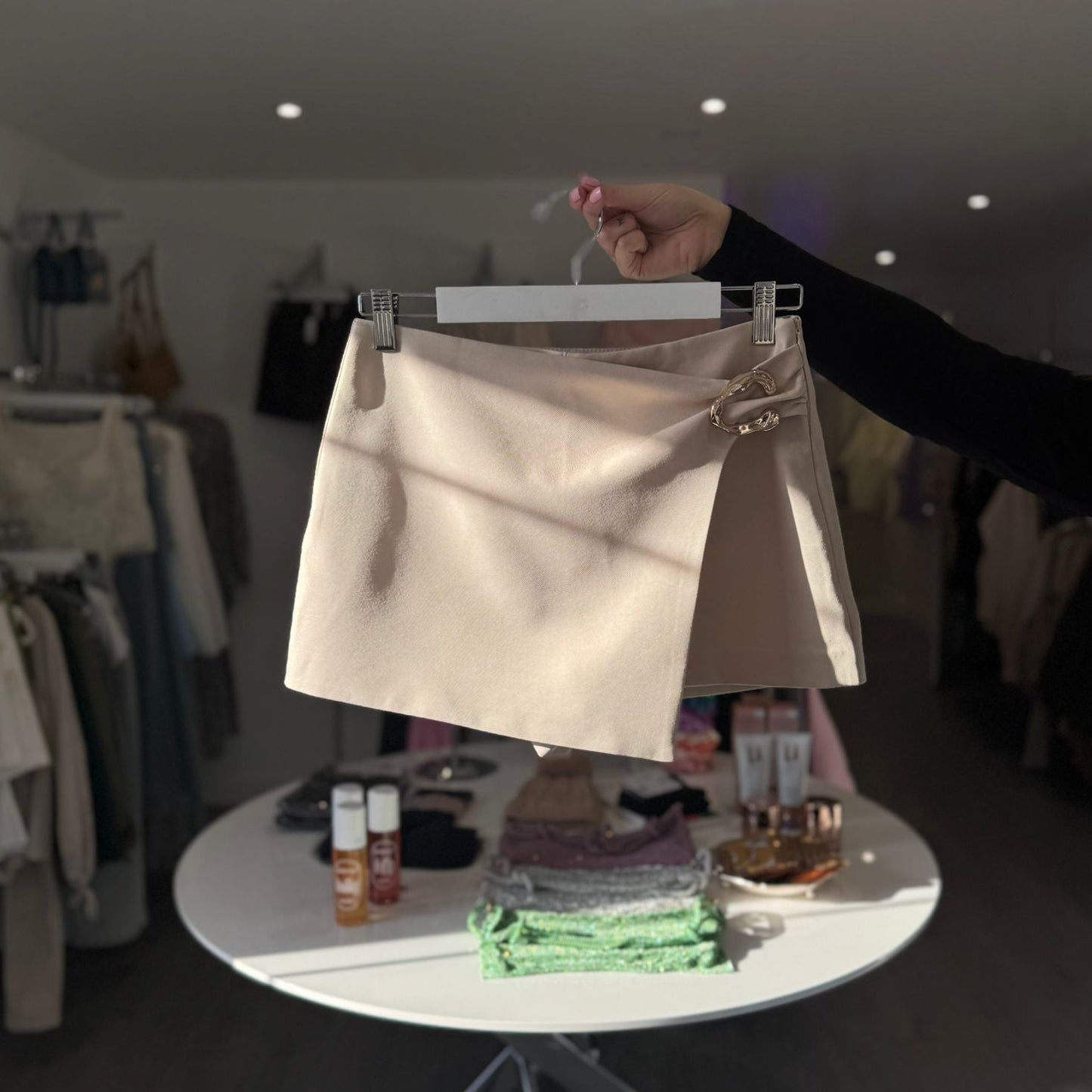 Gold Buckle Skort -Beige