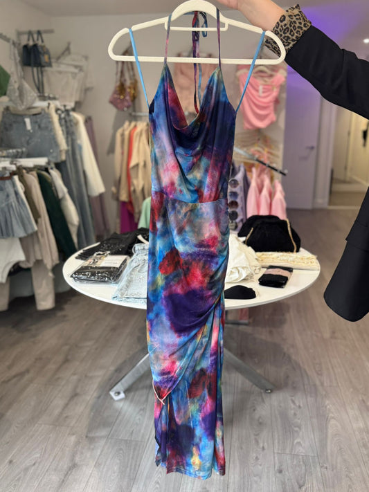 Blue Smudge Print Cowl Neck Midi Dress