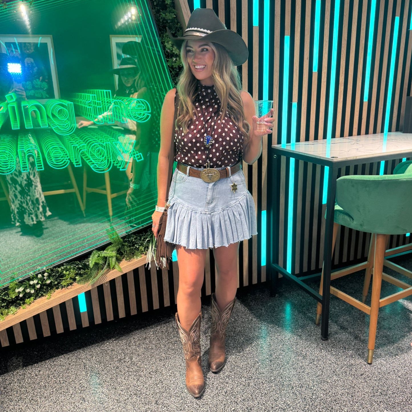 Pleated Denim Skirt With Belt