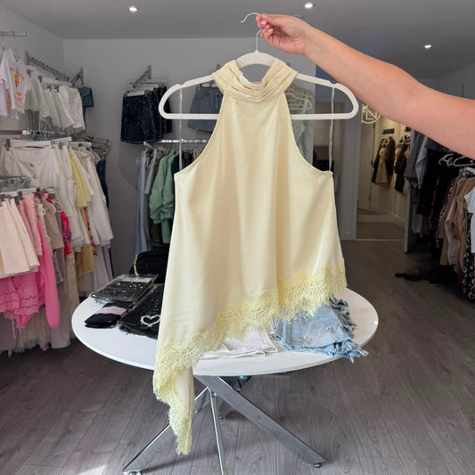 Satin Halter Lace Hem Top - Lemon
